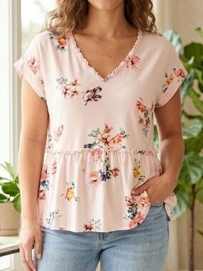 DR2 Floral Peplum Top Blush Pink Babydoll V-Neck Ruffle Blouse Medium